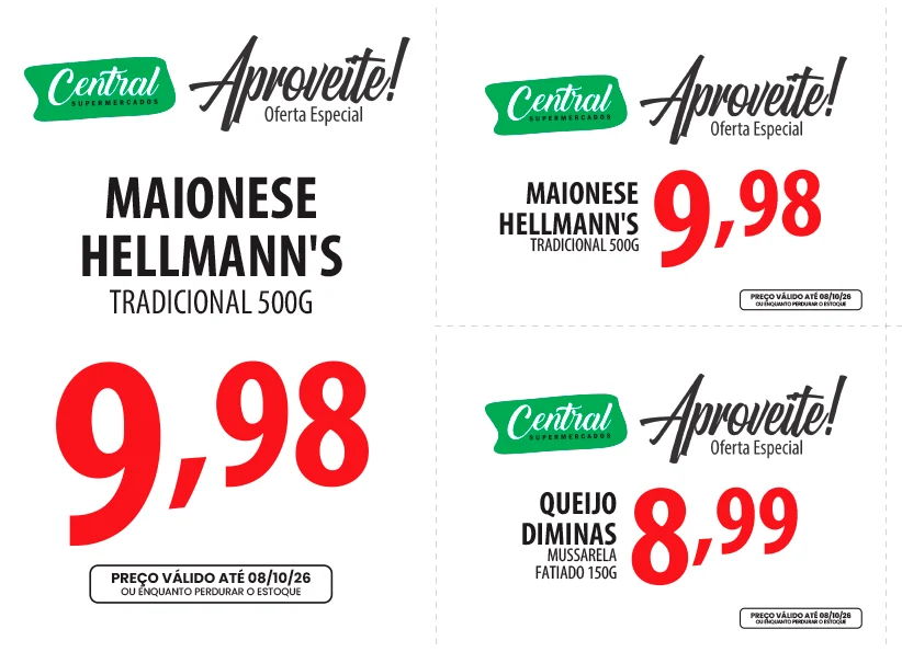 Folha A4 deitada com 4 placas de oferta feitas no 3S Cartaz